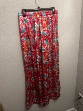 Pink Lily Multicolor Abstract Maxi Skirt - Coral, Teal, Red